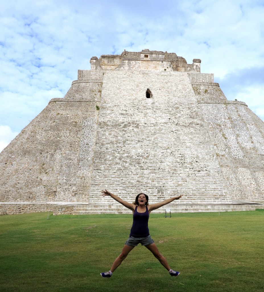Carmen jumping at the Mayan ruins